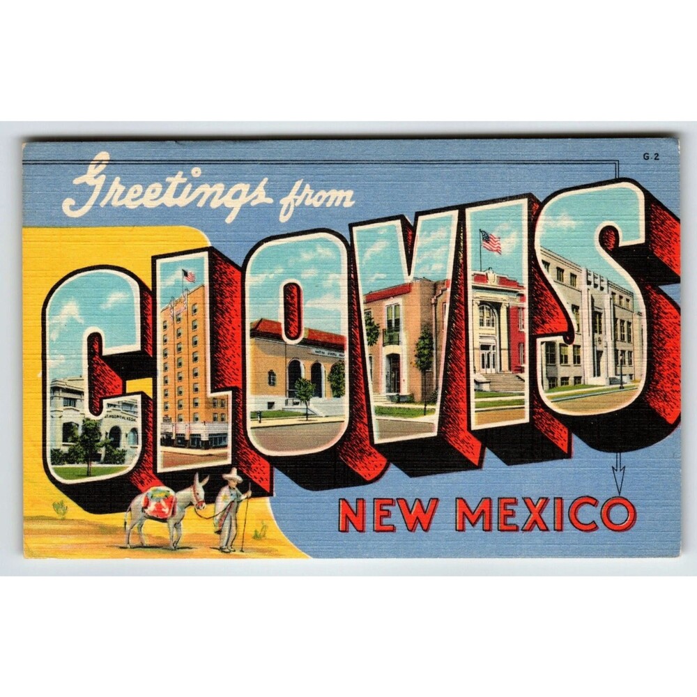 Greetings From Clovis New Mexico Large Letter Postcard Linen Curt Teich Donkey